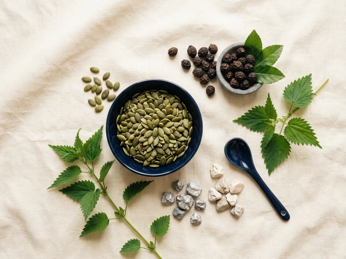 Natural ingredients: pumpkin seeds, saw palmetto berries, zinc and magnesium minerals, green leaves