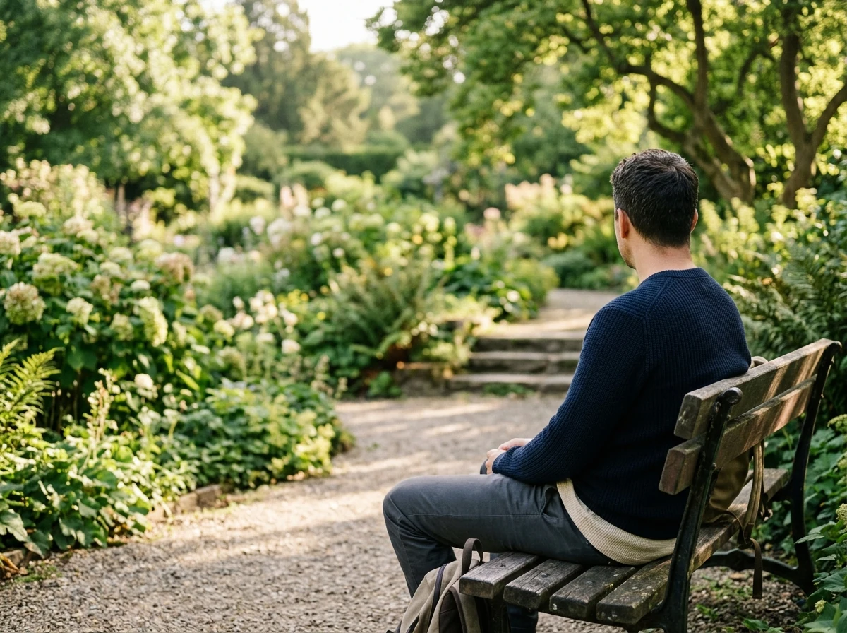 Man sitting outdoors in morning light - men's daily wellness routine for over 50