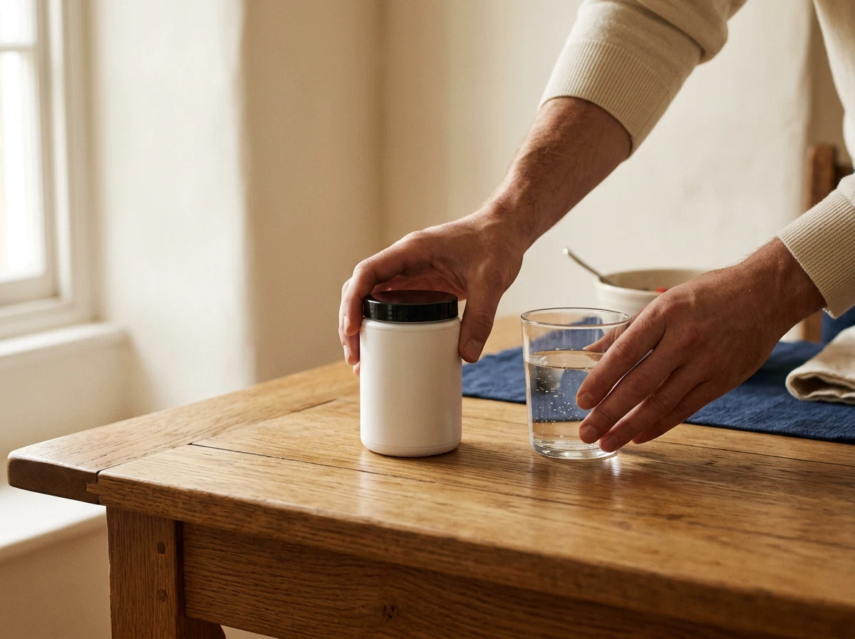 Man's hands placing Alpha Drive supplement jar next to a glass of water at breakfast - daily wellness routine